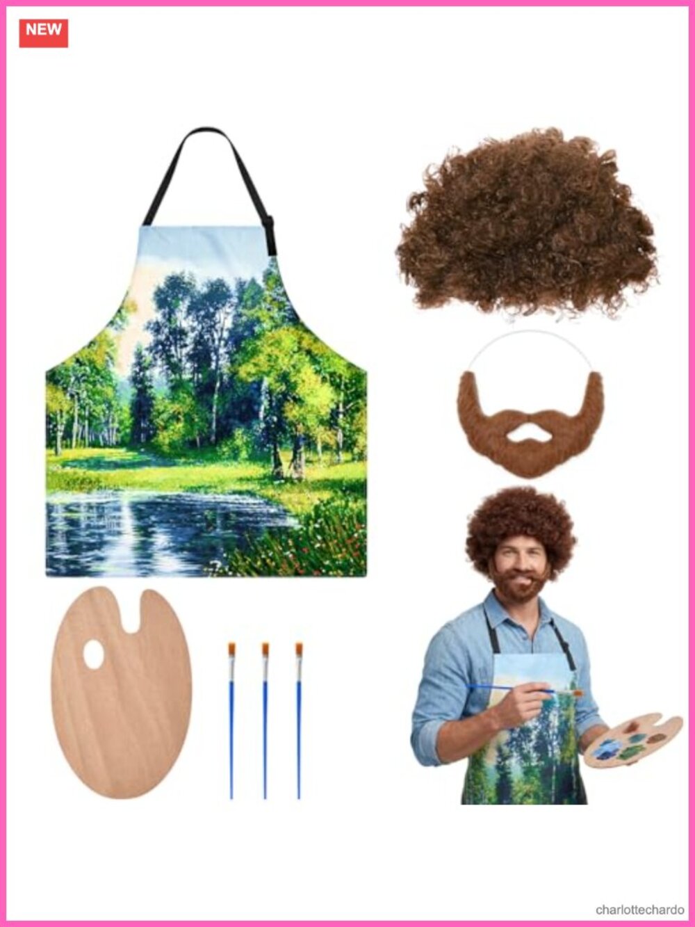 Adult 80s Painter Costume Set with Brown Curly Afro Wig Beard Paint Palette